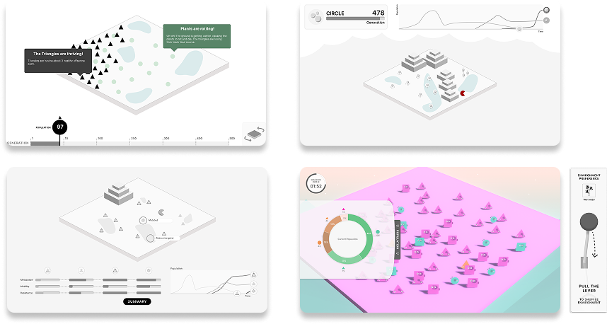 Mechanics of Evolution — four iterations of the main screen
