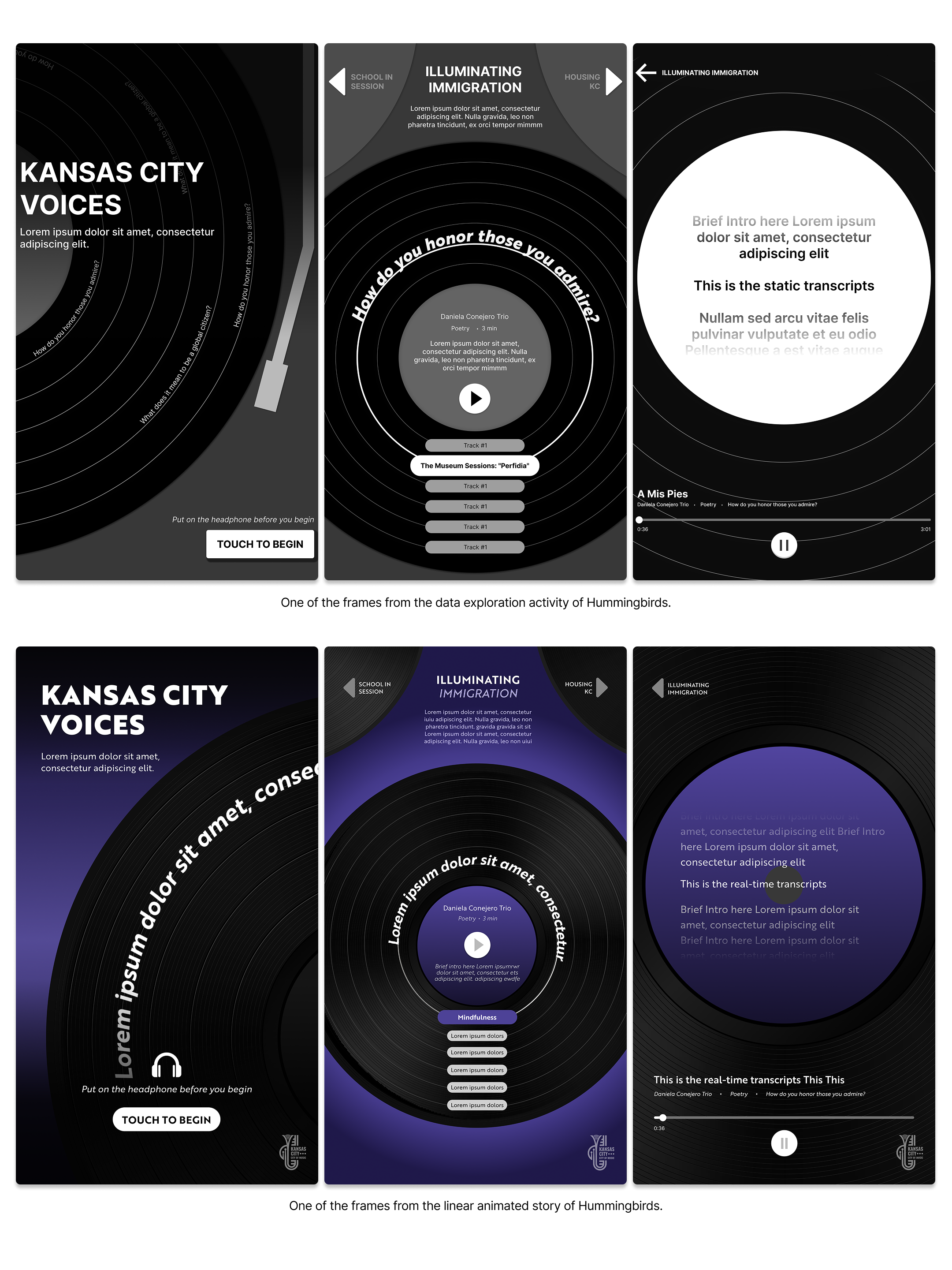 Kansas City Voices — wireframes (track selection + playback)